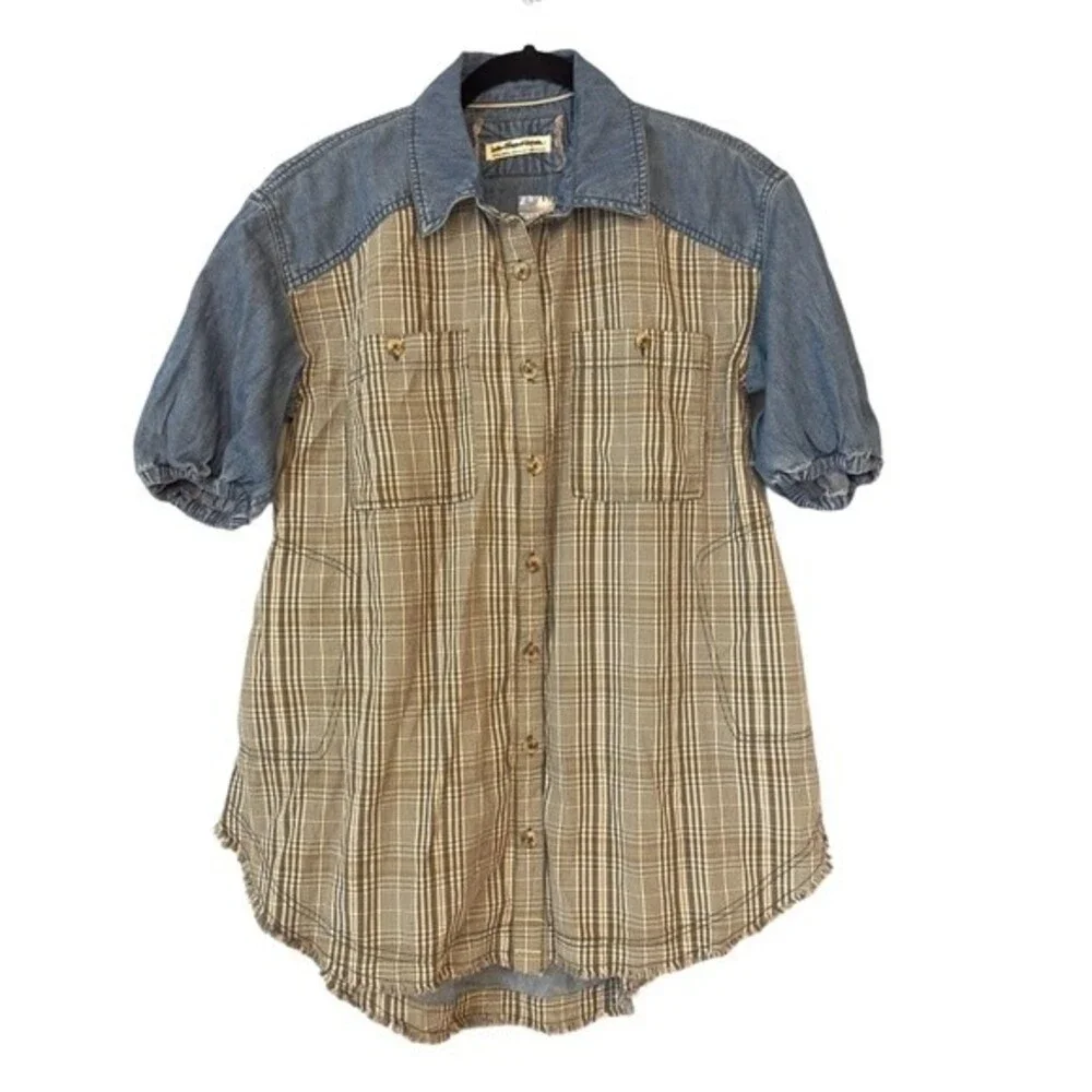 FREE PEOPLE RUNAWAY PLAID AND DENIM TOP SIZE XS - Picture 2 of 11